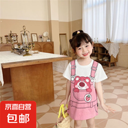 女童連衣裙2025夏季新款可愛女孩洋氣卡通印花寬松短袖T恤裙子潮 粉色草莓熊 140