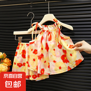 【女童連衣裙】夏裝新款洋氣公主裙寶寶休閑裙子套裝短褲 系帶套裝紅色花 110