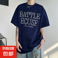 重磅釘珠字母美式復(fù)古短袖T恤男女夏季重磅純棉寬松涼感高街情侶 藏藍(lán)色-T5807 XL