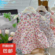 兒童純棉連衣裙夏季女童碎花裙公主裙女寶吊帶背心裙寶寶拼接裙子 玫紅花 90 碼建議身高75-85cm
