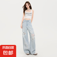 美式復(fù)古洋氣窄版闊腿褲2025春夏新款重工破洞蕾絲燙鉆印花牛仔褲 淺藍(lán)色 1961 淺藍(lán)長褲 2XL
