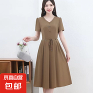 媽媽夏季連衣裙中年女新款休閑氣質(zhì)收腰顯瘦時(shí)尚高檔洋氣短袖裙子 卡其色 4XL 120-130斤左右