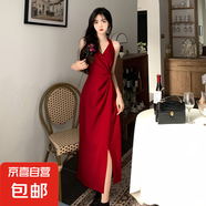 掛脖連衣裙夏韓版復(fù)古吊帶裙顯瘦開叉中長裙子夏HMDR319 紅色 M