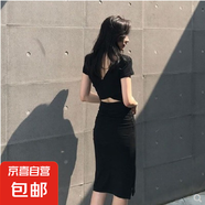 2025春夏新款韓版ins包臀裙性感中長款開叉短袖露背打底連衣裙女 黑色 XL