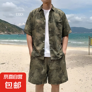 夏威夷襯衫短褲男套裝港風(fēng)夏季薄款海邊度假沙灘短袖花襯衣兩件套 3624圖色（套裝） XL