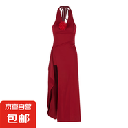 紅色立體花朵掛脖連衣裙女夏季修身禮服長裙純欲收腰開叉包臀裙子 紅色 L