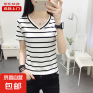 短袖t恤女夏季正肩上衣顯瘦不規(guī)則扭結遮肚胖mm短款小個子RL#A002 KJY#331#白條紋 L 【93-106斤】