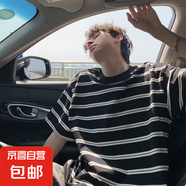 條紋短袖t恤男款2025新款夏季穿搭日系復(fù)古青少年ins休閑五分半袖 黑色 M 80-100斤