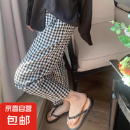 棉綢睡褲女夏季薄款人造棉防蚊褲闊腿褲綿綢2025年新款沙灘褲子 黑白格子 XL （建議135-160斤）