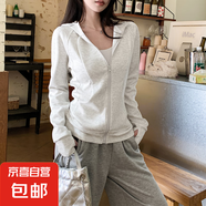 灰色連帽衛(wèi)衣女春秋季2025新款韓版修身開衫長(zhǎng)袖運(yùn)動(dòng)瑜伽上衣外套 白灰 XL 適合（125-140斤）