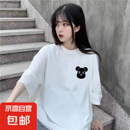 五分袖t恤女2025夏季新款潮牌韓版寬松休閑學(xué)生潮流百搭上衣潮SN 左側(cè)熊頭五分袖圓T白色 L