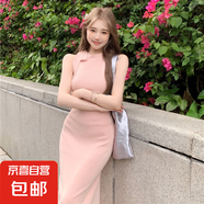 粉色蝴蝶結(jié)綁帶挖肩無袖掛脖吊帶連衣裙女夏修身收腰包臀長款裙子 粉色 均碼