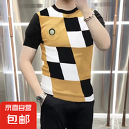 短袖t恤男夏季冰絲印花圓領(lǐng)格子半袖潮流體恤百搭潮流ins修身上衣 （潮社坊067）卡其色 L