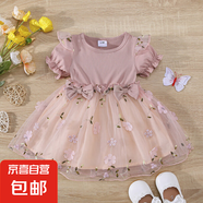 春秋新款歐美童裝網(wǎng)紗寶寶女童2025款長(zhǎng)袖連衣裙兒童外貿(mào)裙子潮 粉紅色短袖 80 cm