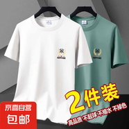 2025夏季新款冰絲短袖t恤簡約時尚寬松冰感男款短袖體恤上衣-SL 白色+豆綠色 M 【75-90斤】