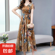 短袖碎花連衣裙女夏季氣質(zhì)V領(lǐng)優(yōu)雅收腰顯瘦大擺裙沙灘長(zhǎng)裙J571 棕色 L （120-130斤）