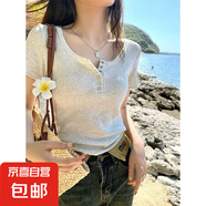 2025夏季新款設(shè)計(jì)感小眾純色紐扣V領(lǐng)短袖T恤女修身顯瘦百搭上衣QP 可可女裝R743白色 S