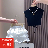 女童甜美半身裙套裝夏季洋氣中大童女孩背心蛋糕裙百褶裙兩件套 TNZ-1223【黑衣白裙】 140