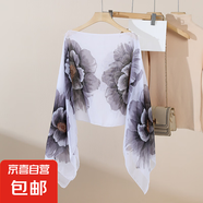 優(yōu)雅復(fù)古雪紡印花防曬披肩夏天女絲巾開衫度假海灘超大薄款沙灘巾 白底-黑花 100-155