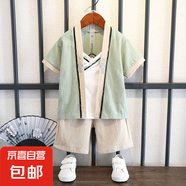 童裝男童夏季漢服兒童中國風夏款短褲套裝寶寶女童短袖唐裝兩件套 流蘇套裝豆綠色 100