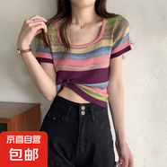 彩虹條紋方領(lǐng)短袖t恤女正肩夏季2025新款冰絲針織短款上衣超好看 粉色 L