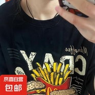 100%純棉短袖T恤薯?xiàng)l漢堡趣味印花寬松圓領(lǐng)瘋狂星期四美式潮款DPJ JC23純棉黑色/2漢堡1薯?xiàng)l L 可穿135斤以?xún)?nèi)
