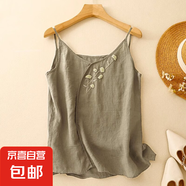 民族風(fēng)刺繡背心小吊帶女夏季外穿棉麻小衫薄款休閑棉麻背心上衣 綠色 276 2XL