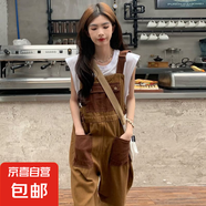 減齡氣質(zhì)美式復(fù)古兩面穿工裝牛仔背帶褲女秋冬大碼撞色吊帶連體褲 棕色兩面穿背帶褲單款 XL碼（建議115-125斤）
