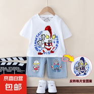 夏天衣服男童夏裝套裝2025新款寶寶夏季兒童短袖小男孩薄款潮帥 PY-2565亮片奧特套裝-白色 110 建議身高100-110cm