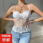 熱銷爆款性感蕾絲束腰吊帶背心深V魚骨窄腰緊身胸衣修身露背上衣 白色 L