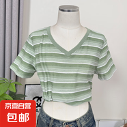 2025夏季新款彩色條紋針織衫女修身顯瘦V領(lǐng)短袖上衣女潮#YH1092 綠色 L （105-115斤）