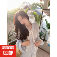 設(shè)計感絲巾蕾絲長袖襯衫上衣女裝夏季外搭開衫慵懶風(fēng)寬松防曬襯衣 藍色 S
