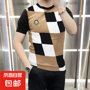 短袖t恤男夏季冰絲印花圓領(lǐng)格子半袖潮流體恤百搭潮流ins修身上衣 （潮社坊067）棕色 XL