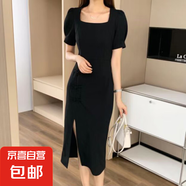 修身顯瘦旗袍連衣裙法式復古黑色開叉連衣裙8298 黑色 L 【110-120斤】