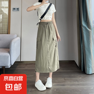 冰絲工裝半身裙女夏2025新款高腰顯瘦寬松休閑運動a字包 淺軍綠色 XL