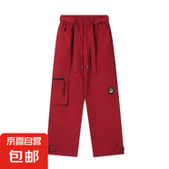 街頭美式嘻哈紅色工裝褲女松緊腰飄帶設計感寬松闊腿休閑褲長褲潮 紅色 【MY-631】 L