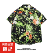東南亞夏威夷短袖花襯衫五分袖男女同款情侶沙灘度假夏季碎花襯衣 5117黑色 L