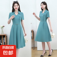 時(shí)尚媽媽夏季新款連衣裙中老年女裝純色中長(cháng)款遮肚顯瘦V領(lǐng)大擺裙 淺綠色 XL 85-100斤左右
