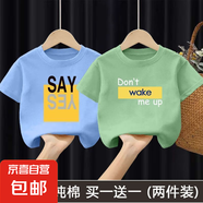 男童夏裝短袖T恤純棉夏季新款兒童半袖上衣中小童洋氣寬松童裝-SL 天藍(lán)色SAY+綠色Wake 90 cm