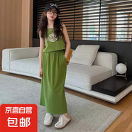 女童韓范連衣裙夏裝2025新款時髦大童背心裙子兒童夏季女孩工裝裙 WX-A45【綠色】 170