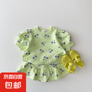 韓版夏款ins童裝寶寶夏短袖上衣洋氣女童櫻桃半身短裙兩件 綠色. 100 cm