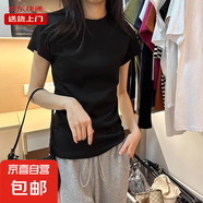 夏季正肩短袖T恤女純色棉質(zhì)修身褶皺顯瘦不規(guī)則短款小個子RL#K005 K001#黑【圓領(lǐng)】【常規(guī)款】 L