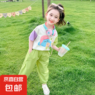 【女童夏季套裝】2025新款洋氣兒童衣服短袖褲子小女孩拼色兩件 綠色 薄款 120 cm