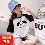 童裝純棉短袖T恤夏季新款中大童插肩拼接hellokitty卡通洋氣上衣 黑白-流淚 120