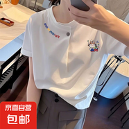 純棉休閑短袖T恤女2025夏季新款氣質(zhì)百搭寬松顯瘦紐扣大碼上衣女 K45-白色-F29 XL 建議115-130斤