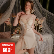 緞面加胸墊深V加胸墊網(wǎng)紗拼接系帶鏤空誘惑吊帶睡裙外袍睡衣套裝 香檳色（睡裙） L 105-120