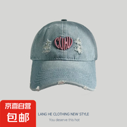 春夏新款牛仔破洞愛心刺繡棒球帽女甜美心形字母鴨舌帽遮陽帽子 淺藍(lán) 均碼 56-58cm