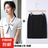 灰色蝴蝶結(jié)短袖白襯衫職業(yè)套裝女酒店空姐餐飲服務(wù)員工作服夏季 白色襯衫+黑色半身裙（AS6972） 4XL
