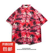 夏威夷冰絲寸衫男士潮牌短袖襯衫男夏季沙灘花襯衣情侶裝寬松外套 5140紅色 XL