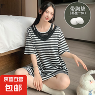 新款美式復古背心短袖無袖連衣裙女夏季2025寬松條紋長裙子 Y22160簡約睡裙【帶胸墊】 M 80-100斤